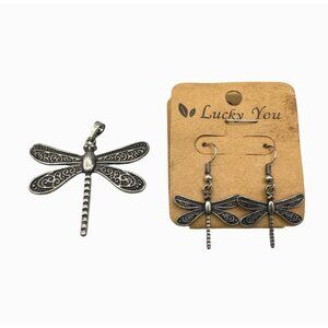 Lucky You Black Enamel Dragonfly Dangle Drop Earrings with Pendant Silver Tone